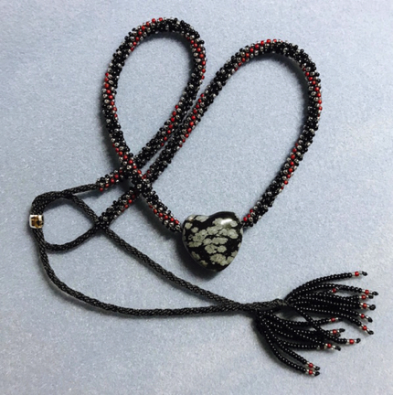 “BALANCE” Hand-beaded and woven Kumihimo necklace w/Snowflake Obsidian heart focal *adjustable
